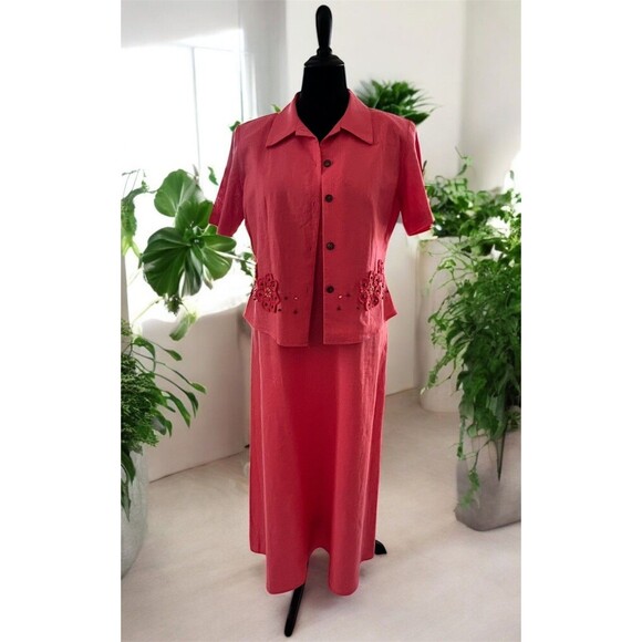 Vintage K-Studio 2 Piece Maxi Dress & Jacket Set Linen Embroidered Coral Pink Lg - Picture 2 of 16